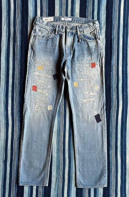 fdmtl slim fit denim distressed patchwork jeans