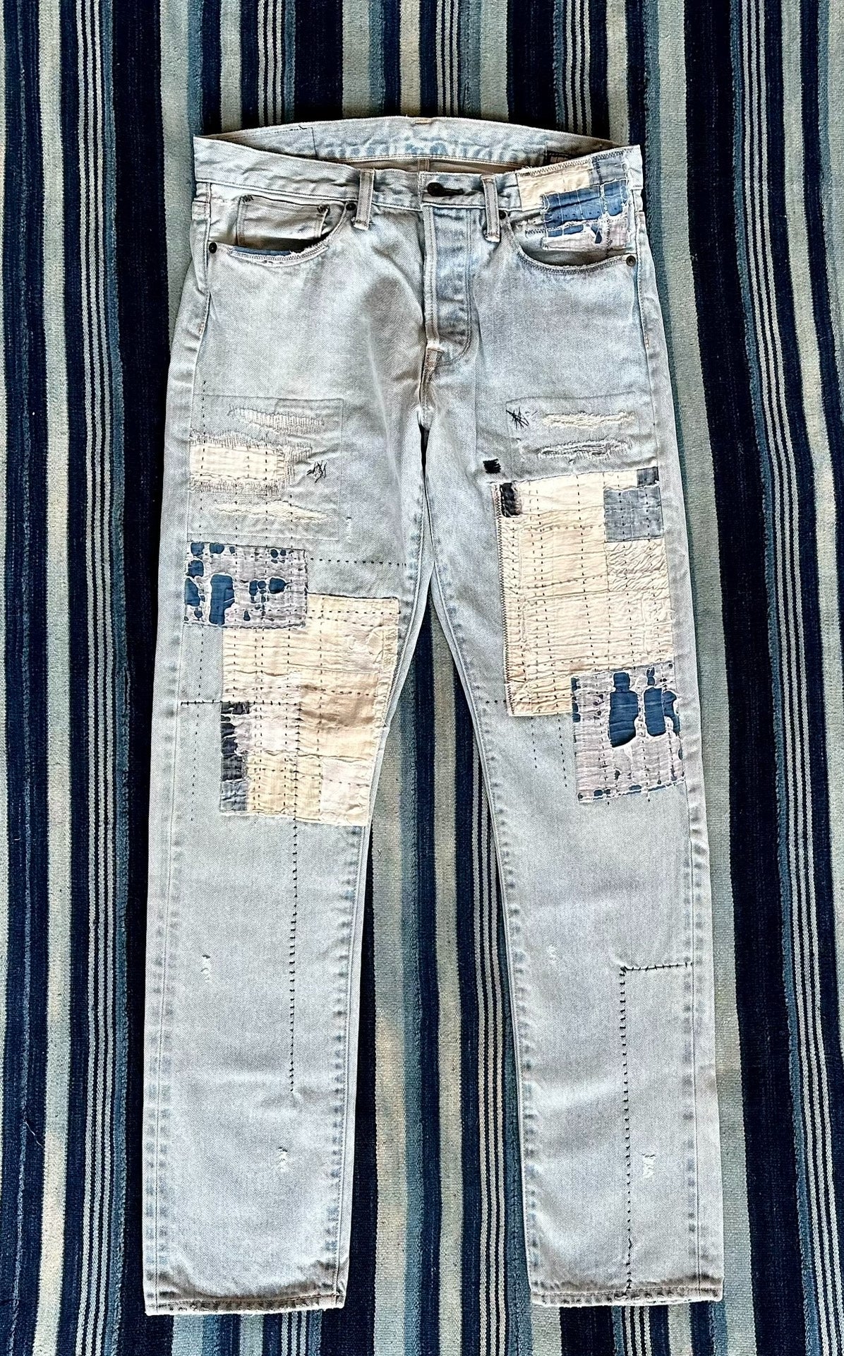handmade patchwork denim pants by kuro