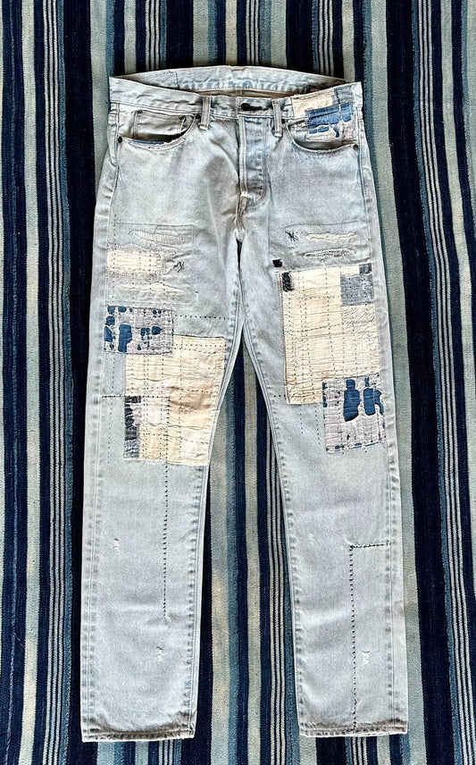 handmade patchwork denim pants by kuro
