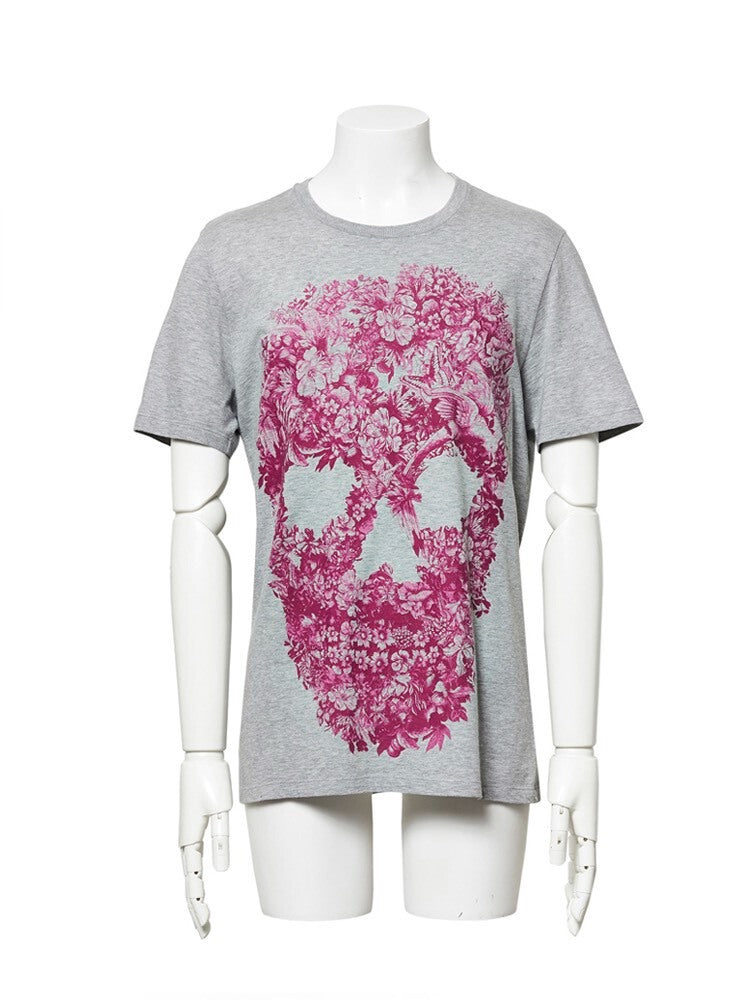 pink floral skull print short sleeve t-shirt