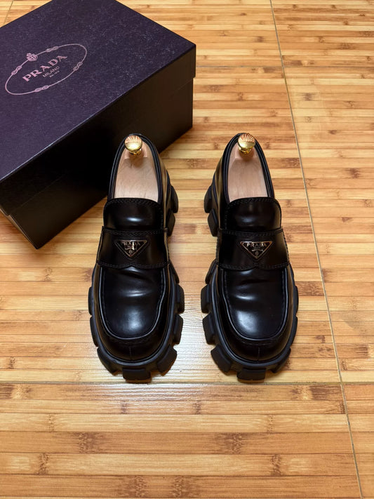 prada black leather platform shoes with logo