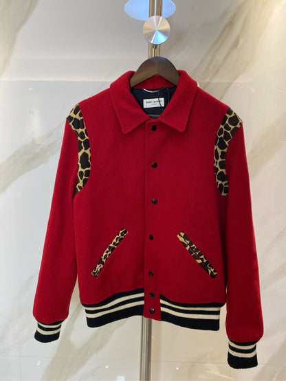 Saint Laurent Red Leopard Print Baseball Jacket
