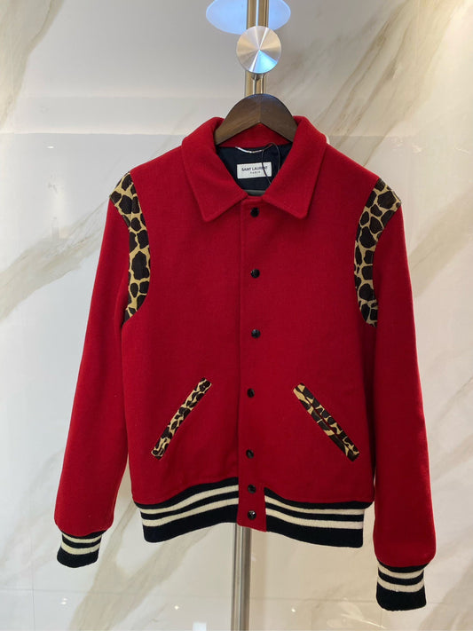 Saint Laurent Red Leopard Print Baseball Jacket
