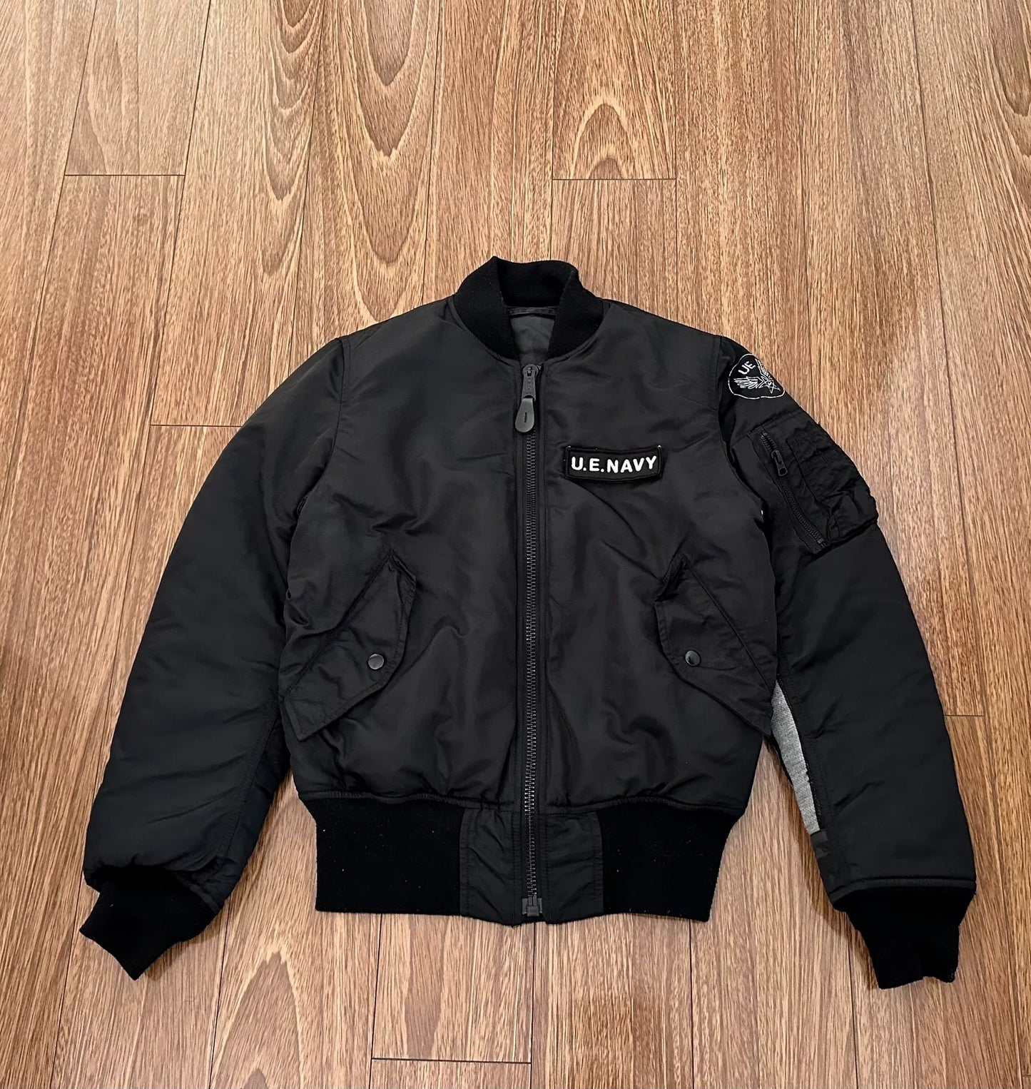 black reversible MA-1 bomber jacket