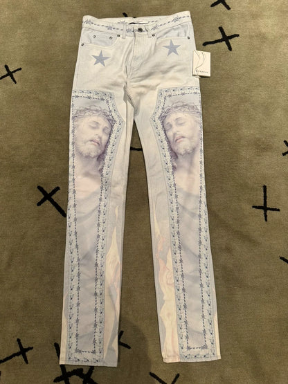 givenchy paris jesus print denim pants