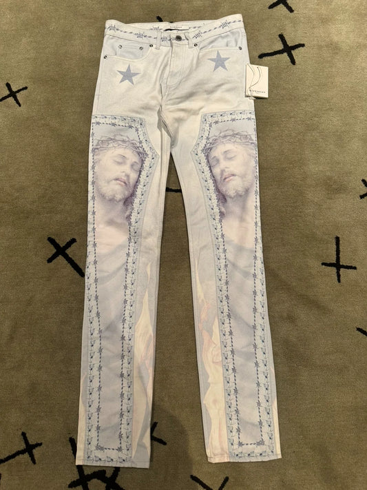 givenchy paris jesus print denim pants