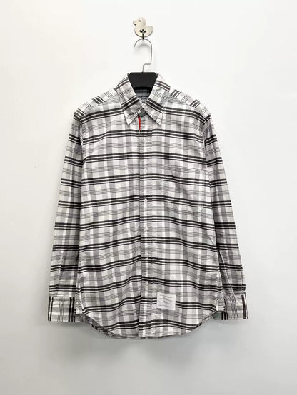thom browne gray white plaid button-up shirt