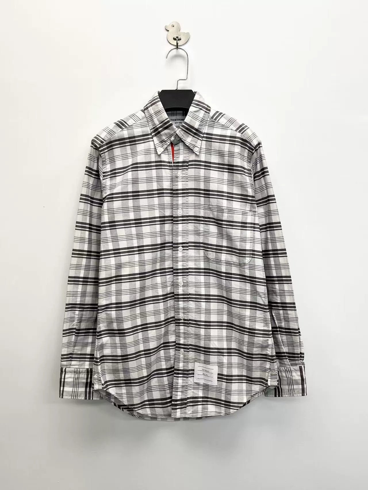 thom browne gray and white check shirt