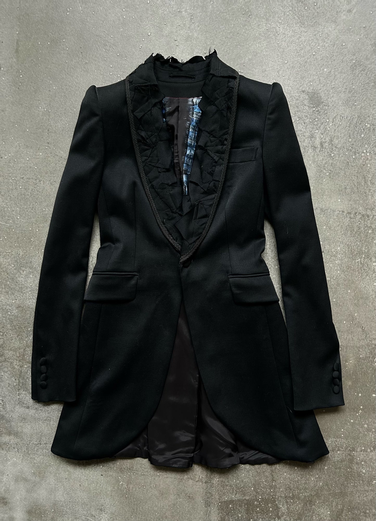 black ruffled tuxedo jacket by Kohshin Satoh