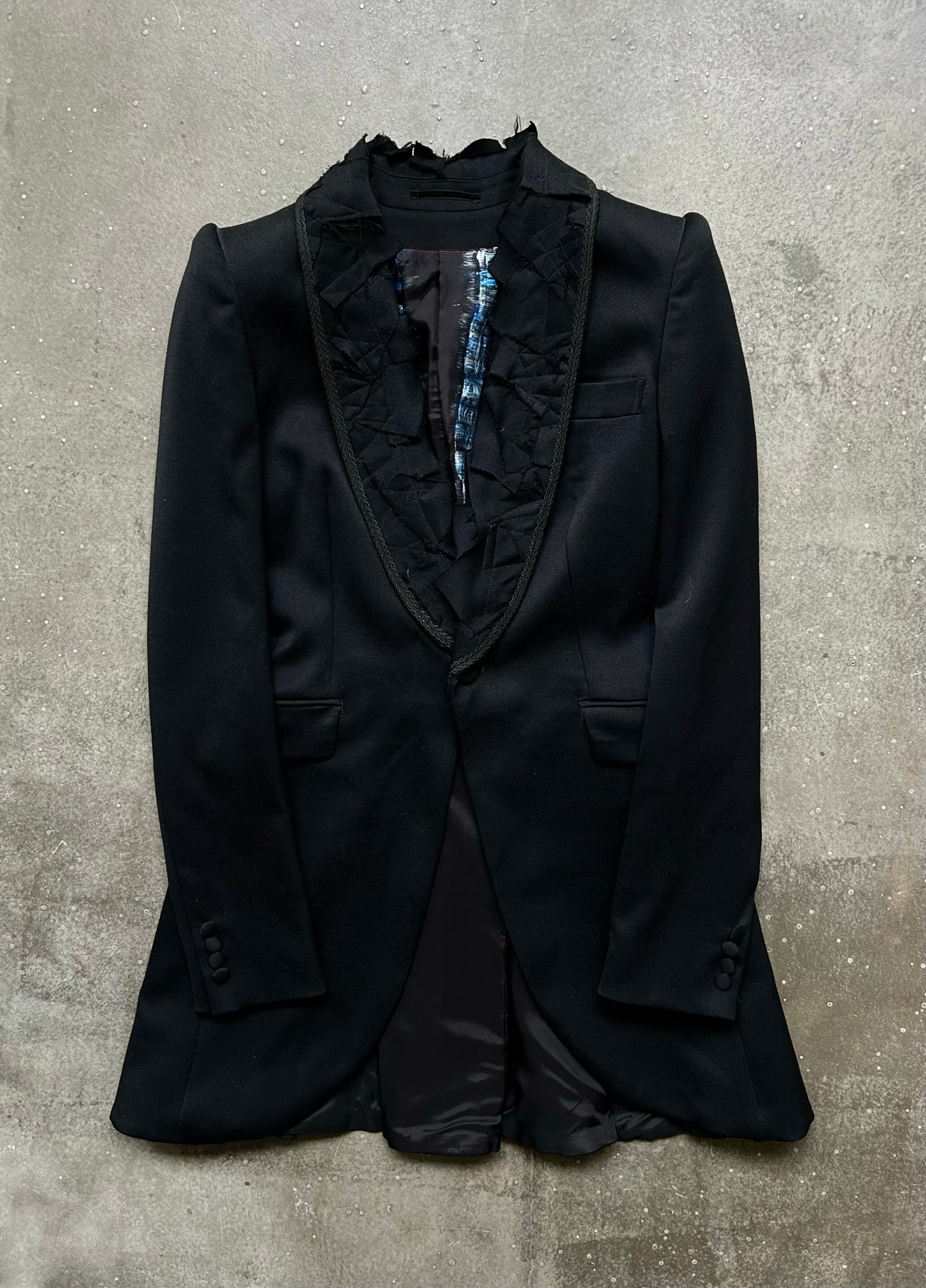 black ruffled tuxedo jacket by Kohshin Satoh