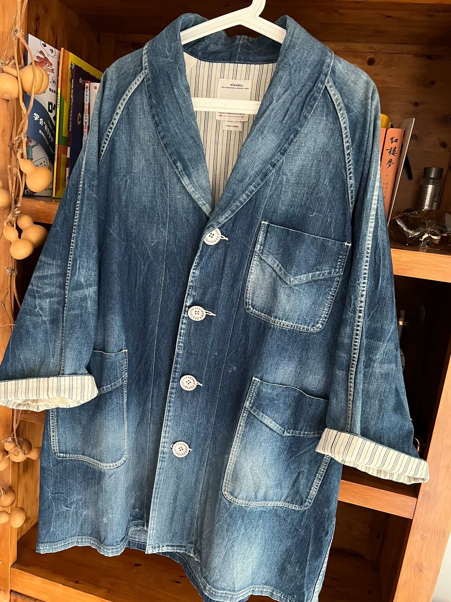 visvim four corners coat in blue denim