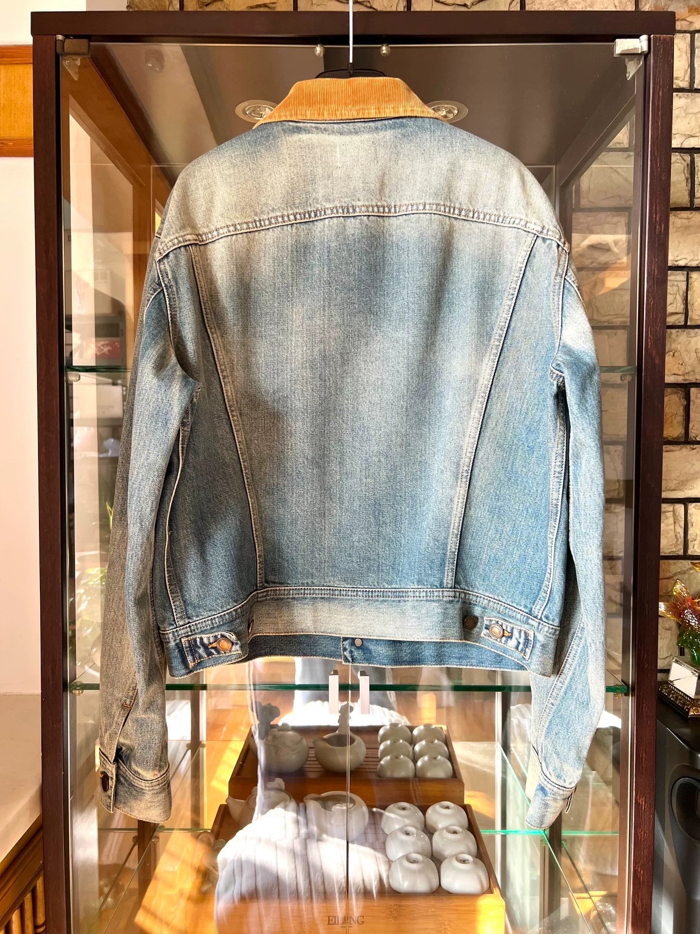saint laurent blue denim jacket with cord collar