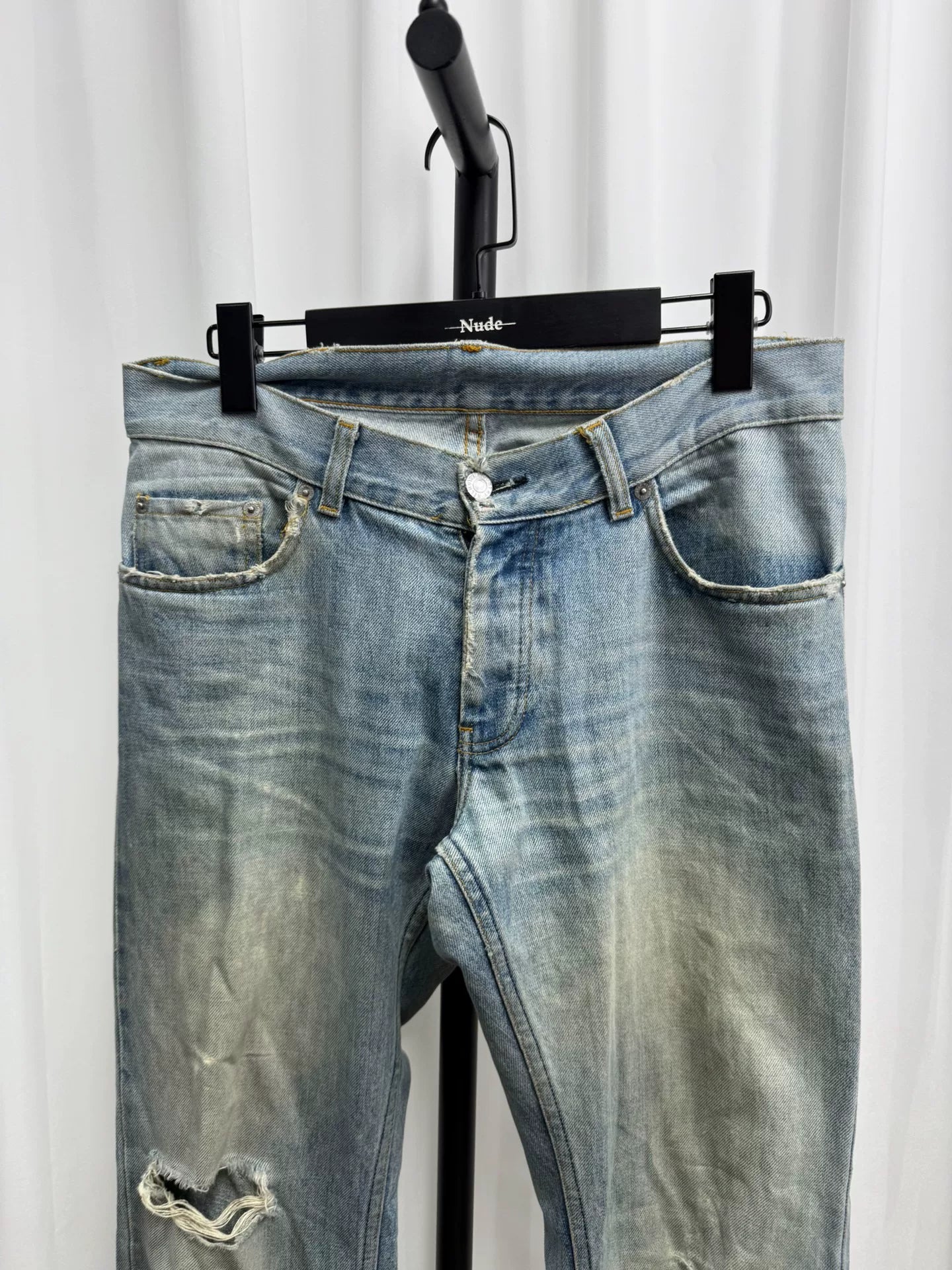 classic washed denim pants with distressing