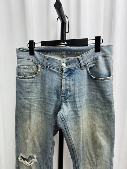 classic washed denim pants with distressing