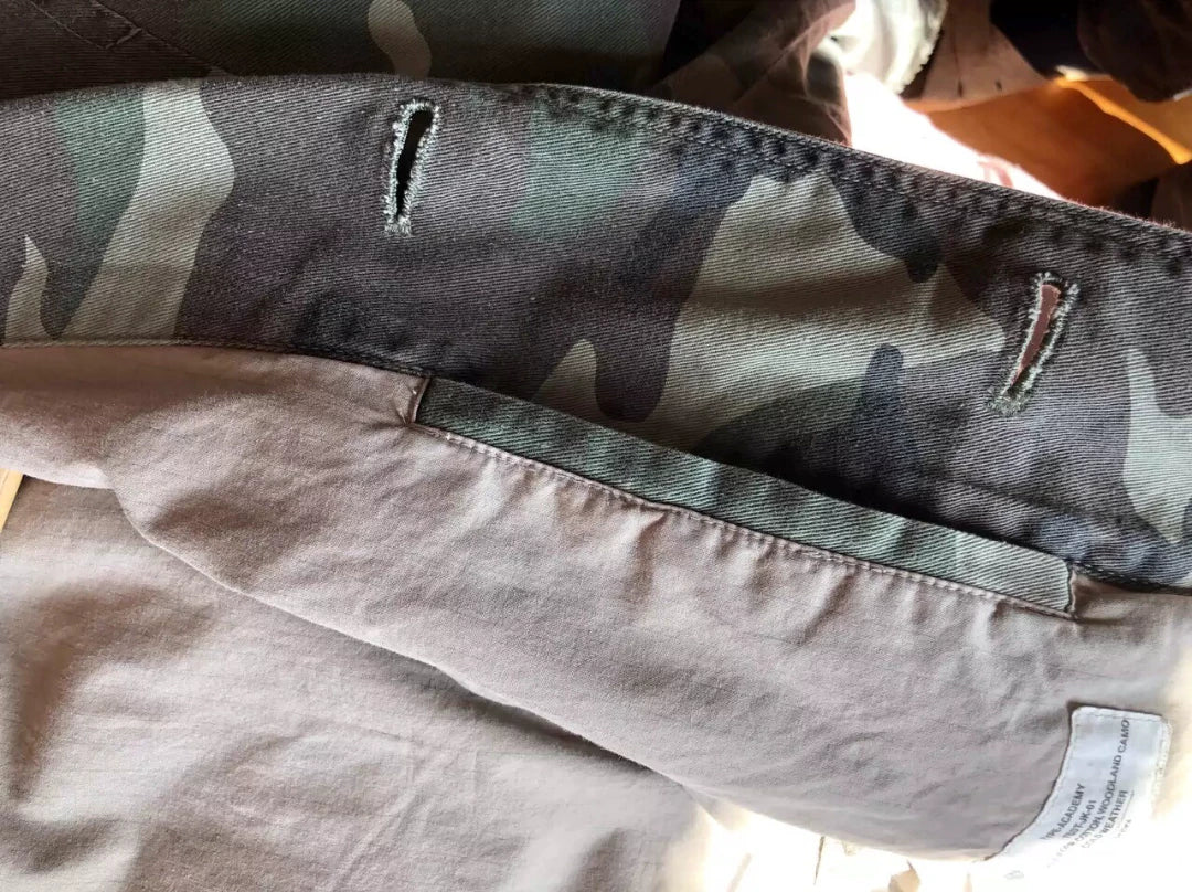 camo jacket with unique distressed details