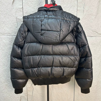black leather down jacket with red accents