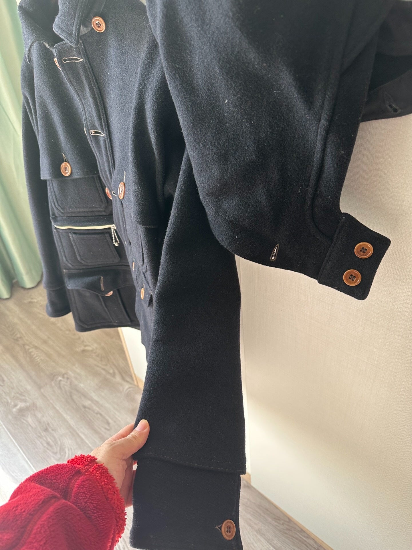 Black Wool Multi-Pocket Windbreaker Jacket