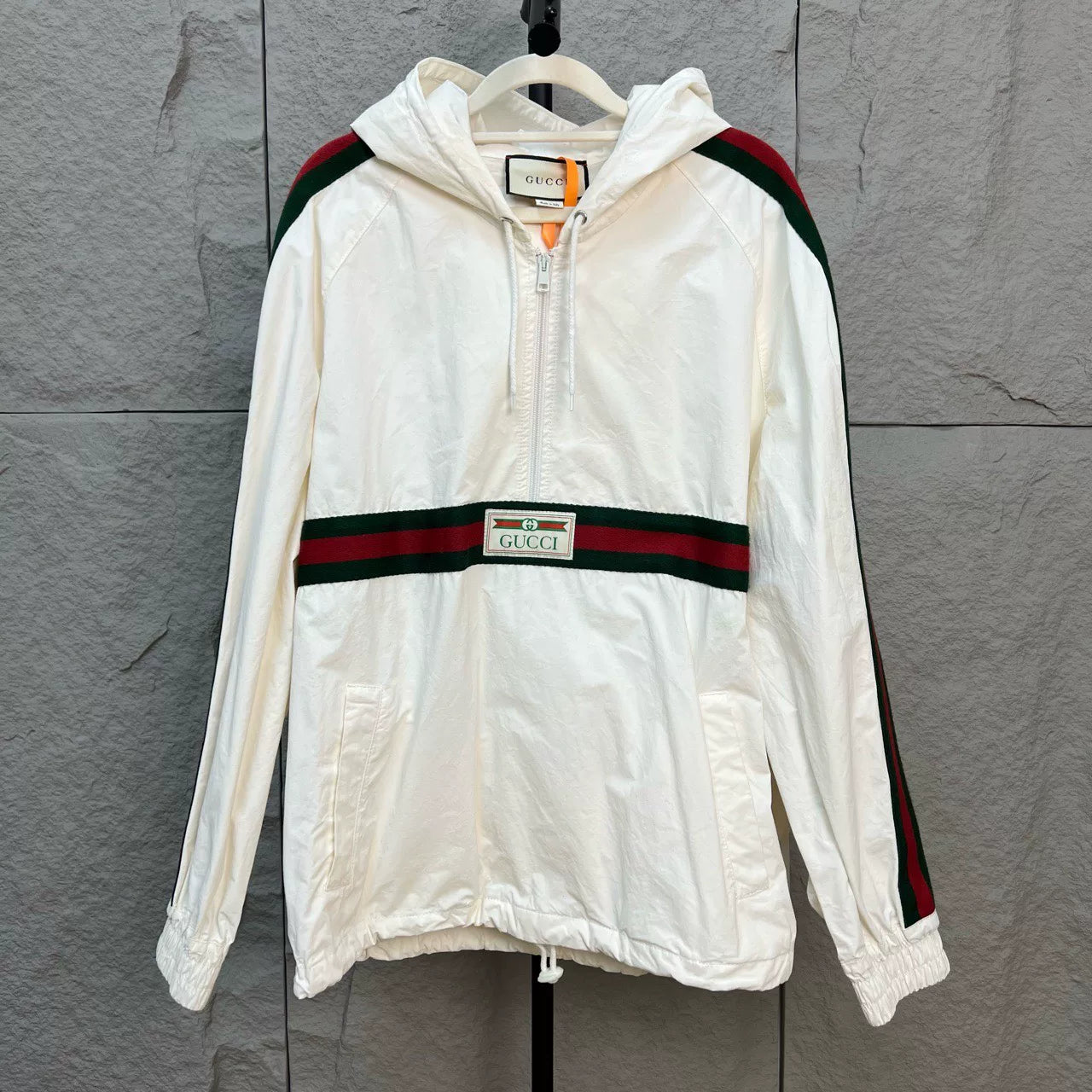 gucci hooded windbreaker with red green belt