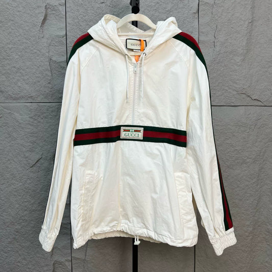 gucci hooded windbreaker with red green belt
