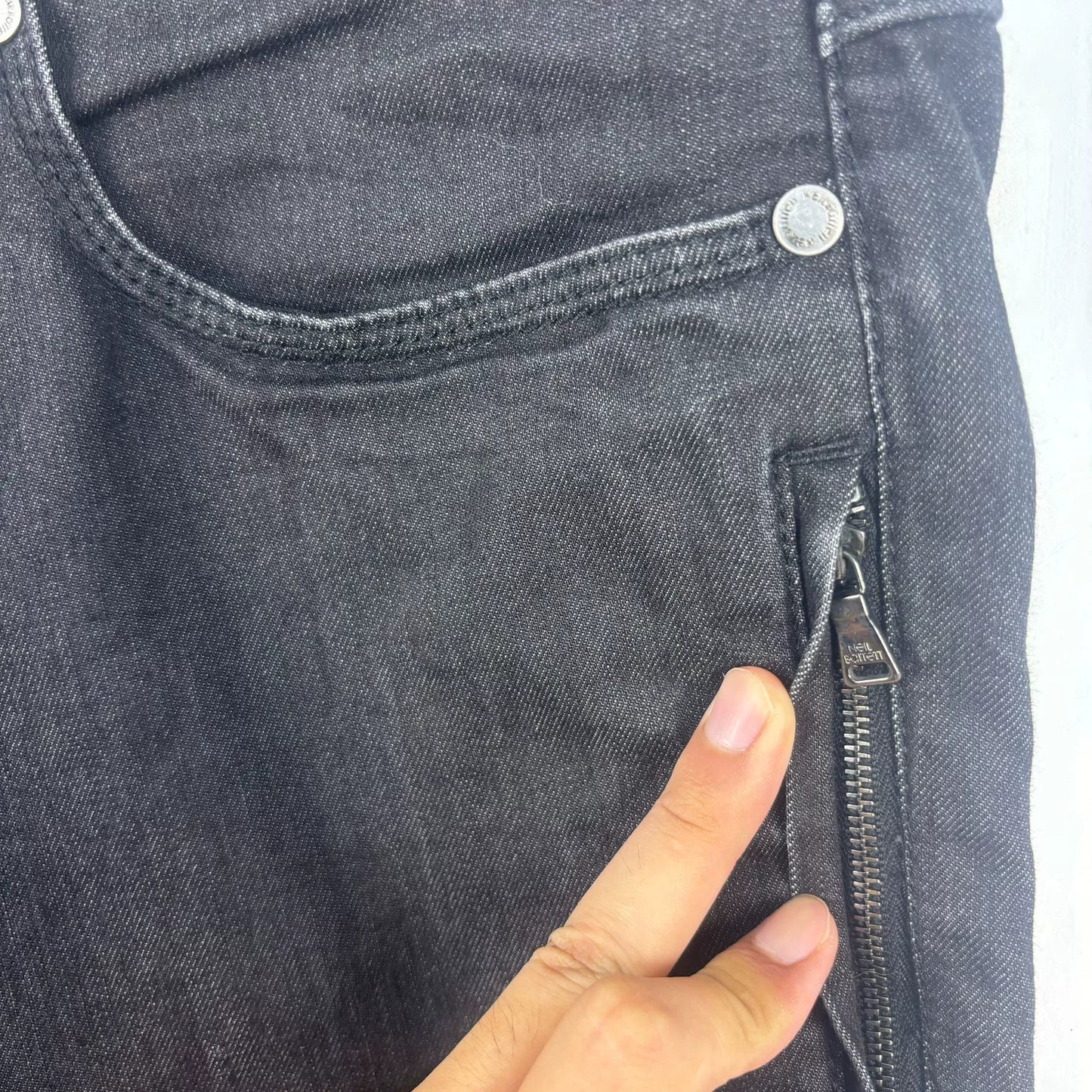 black leather patched denim pants by neil barrett