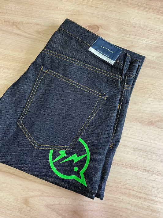 denim by vanquish green logo cropped jeans