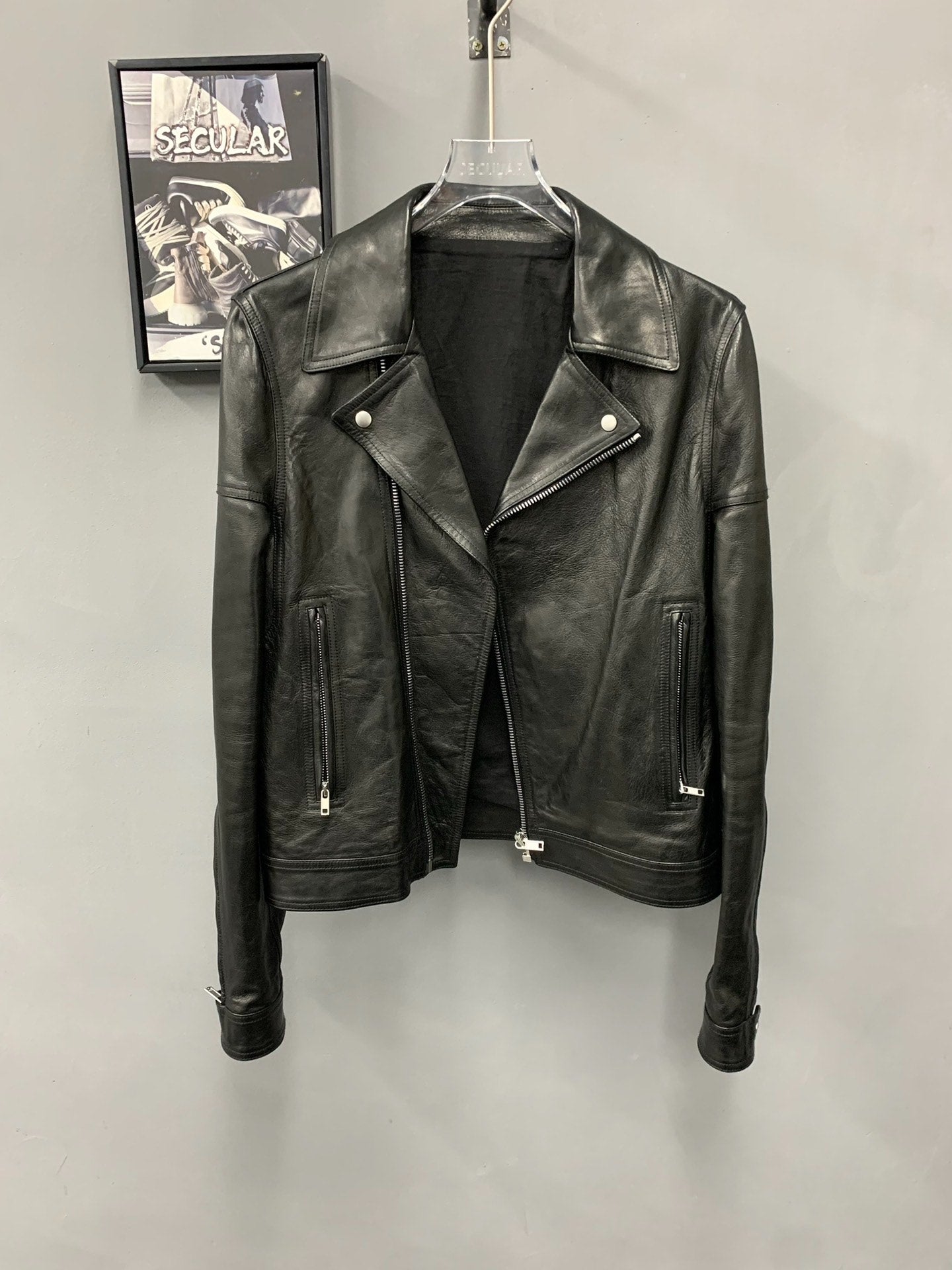 rick owens black leather motorcycle jacket