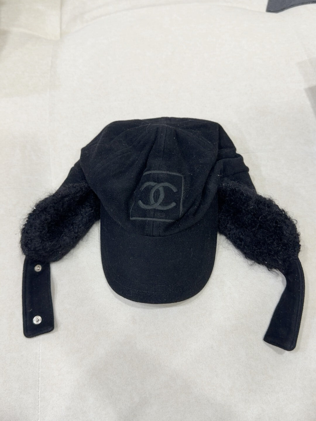 Chanel Black Wool Baseball Hat with Earflaps