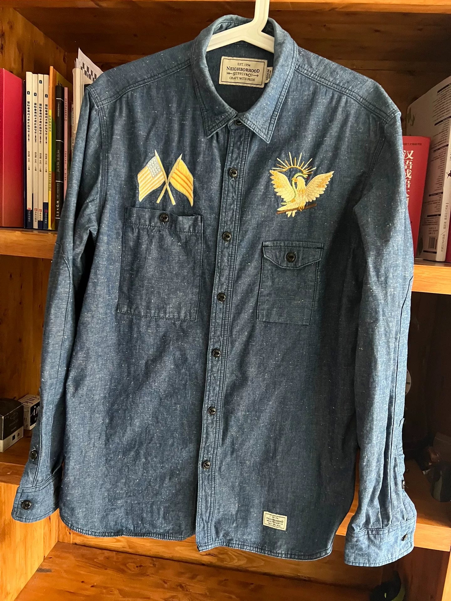 premium blue denim embroidered utility shirt