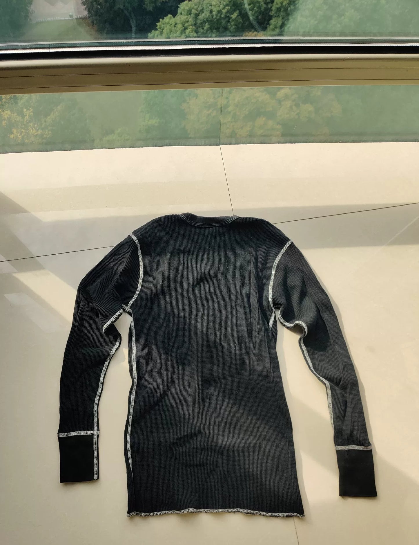 Black Waffle Knit Long Sleeve Shirt