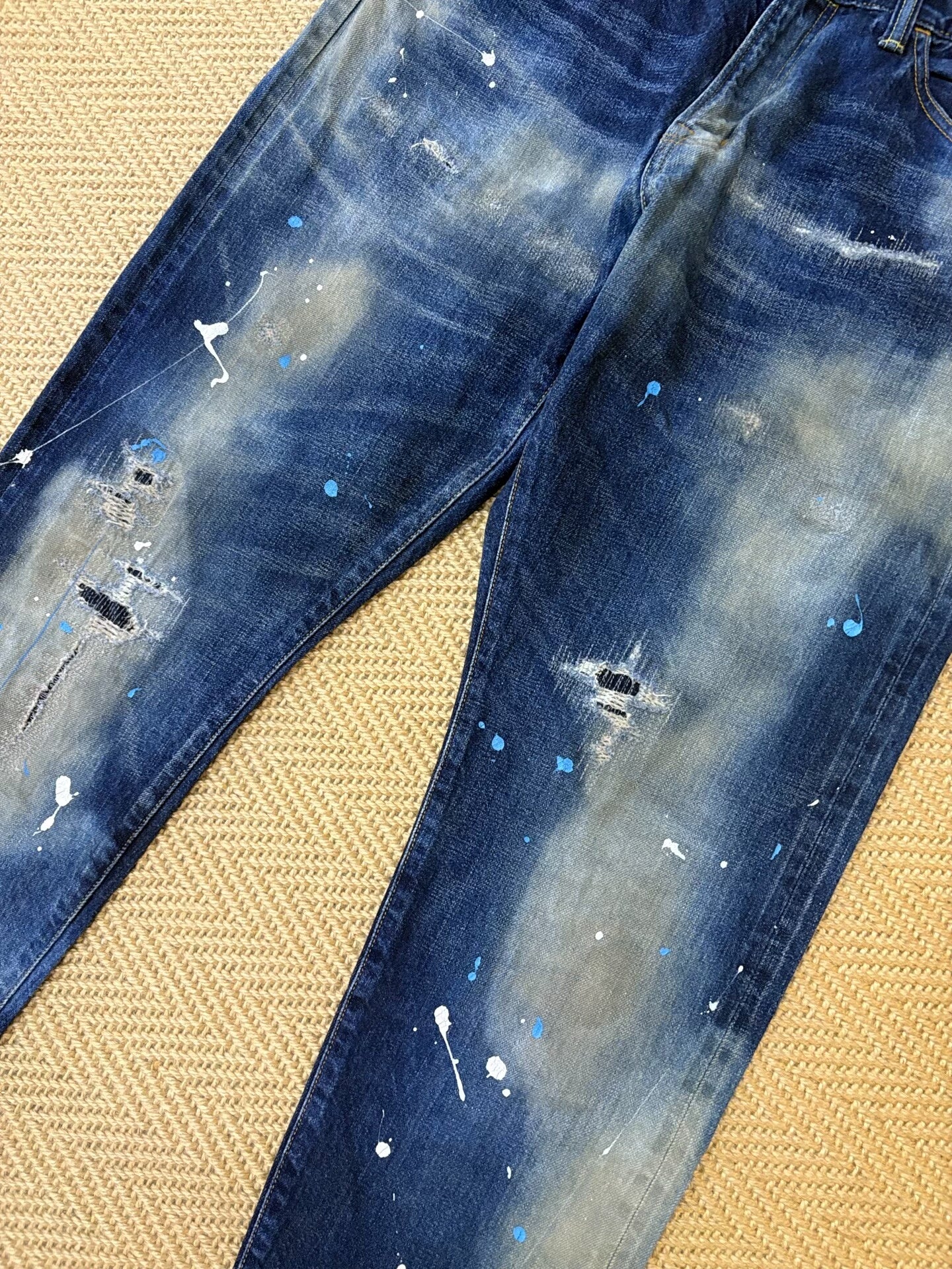 distressed blue starry denim pants