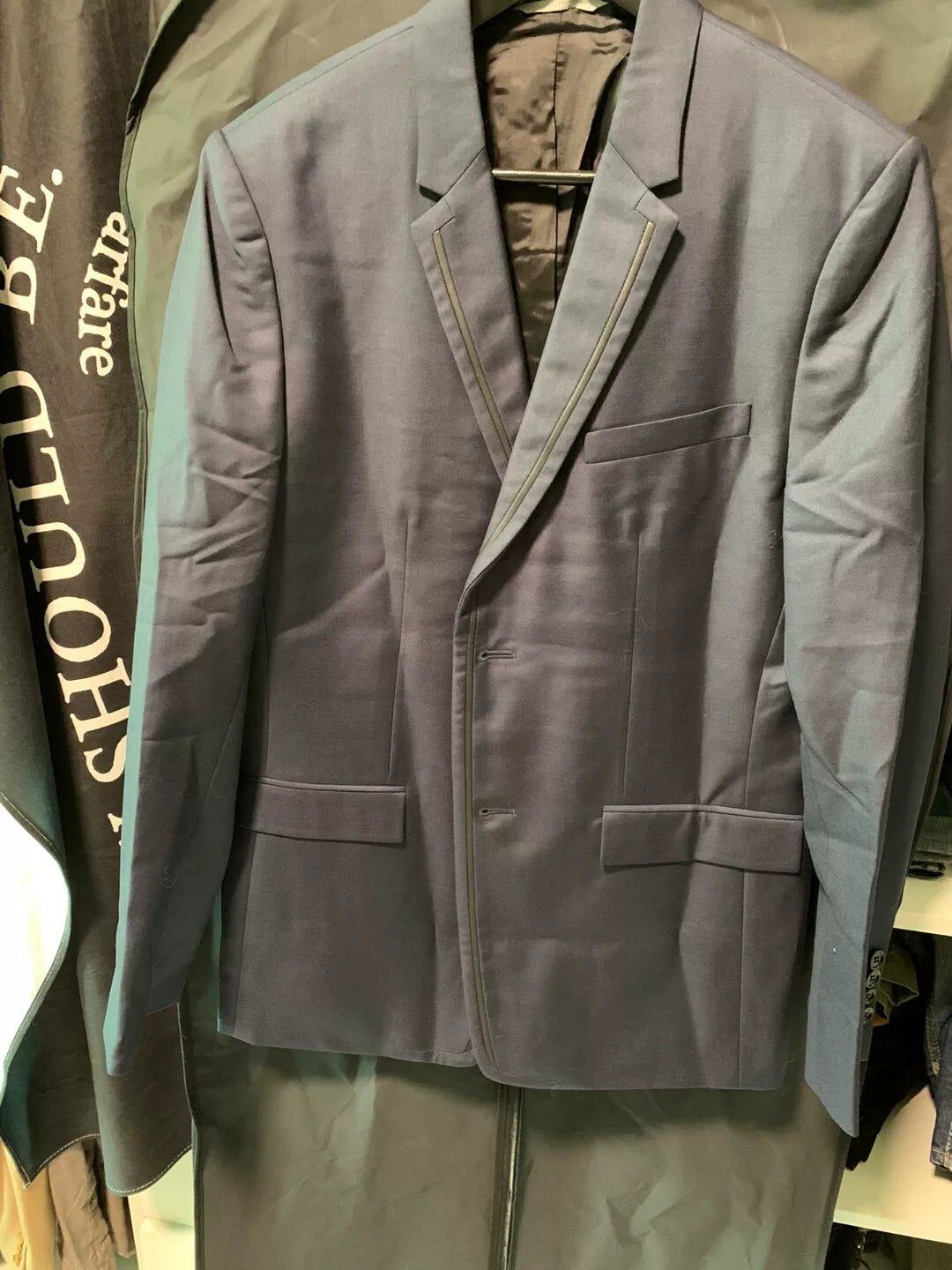 navy wool blazer with leather trim