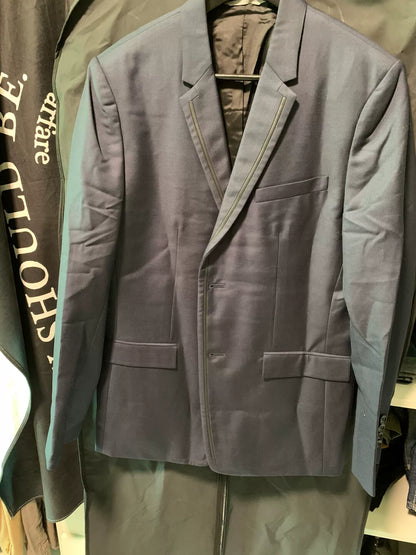 navy wool blazer with leather trim