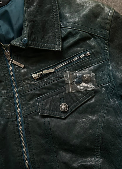 detachable fur collar distressed leather jacket