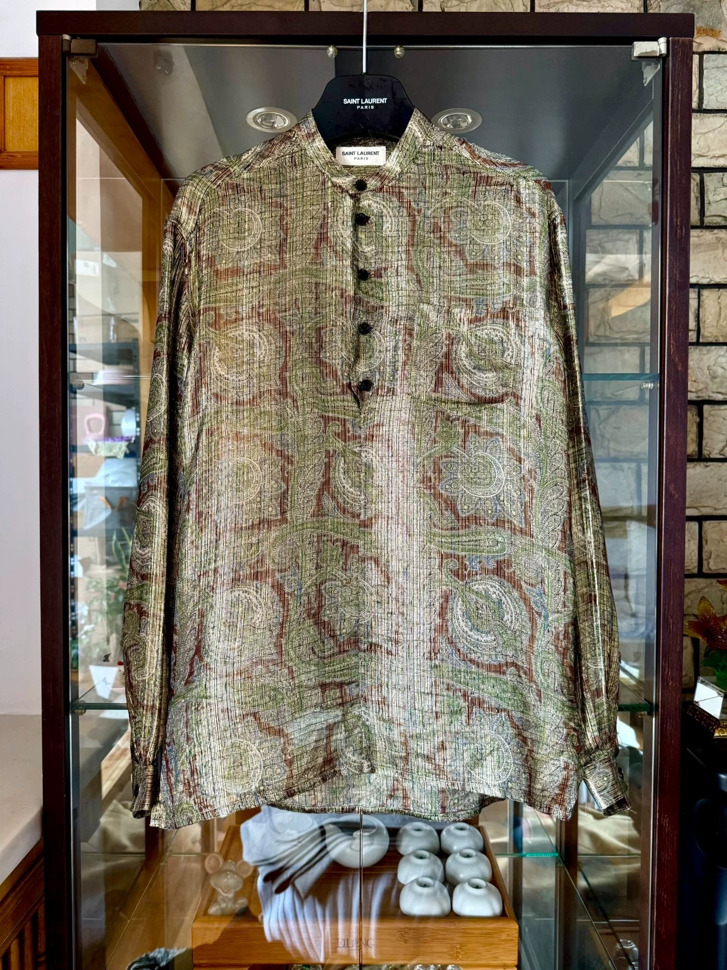 saint laurent silk shirt with golden patterns