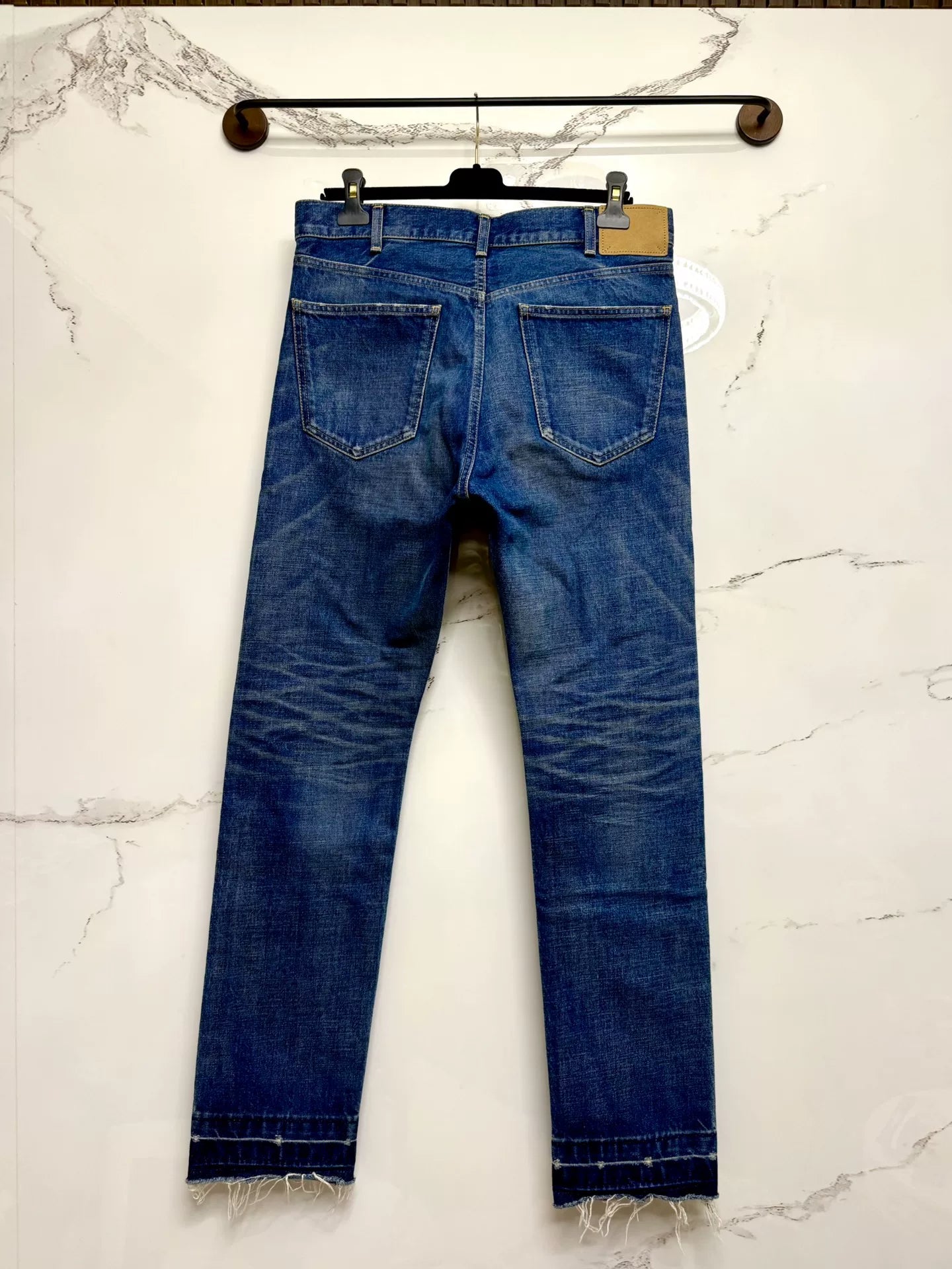 celine dark blue distressed denim pants