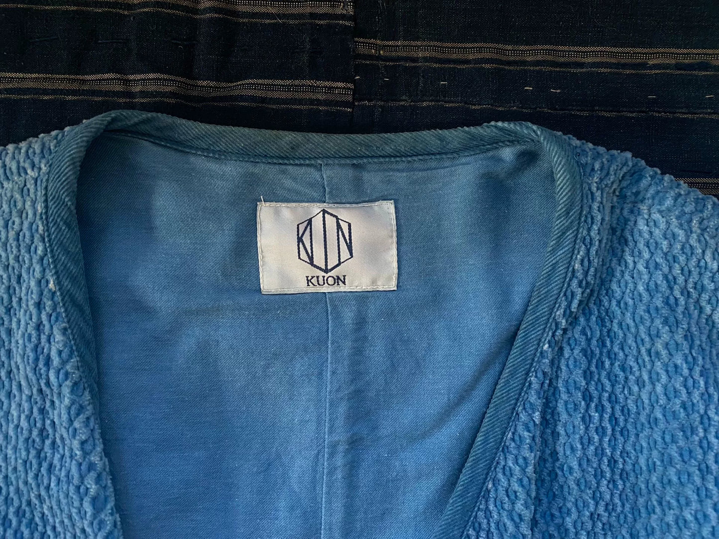 blue indigo collarless jacket