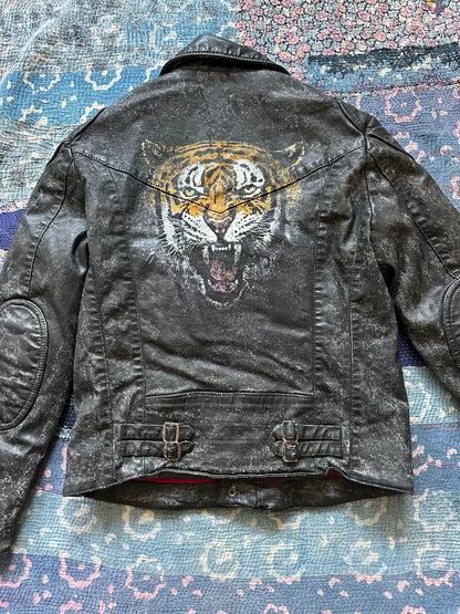 distressed denim printed tiger jacket
