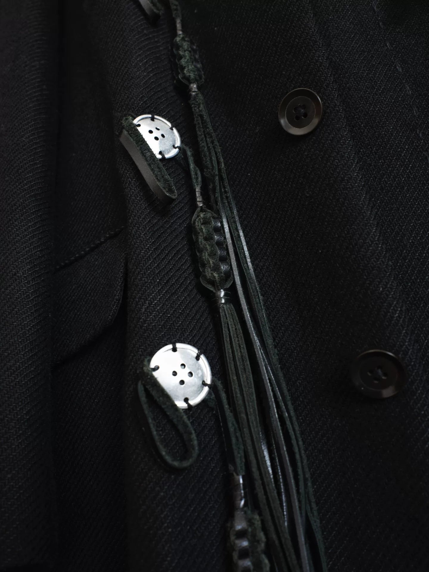 yohji yamamoto black trench coat with silver buttons
