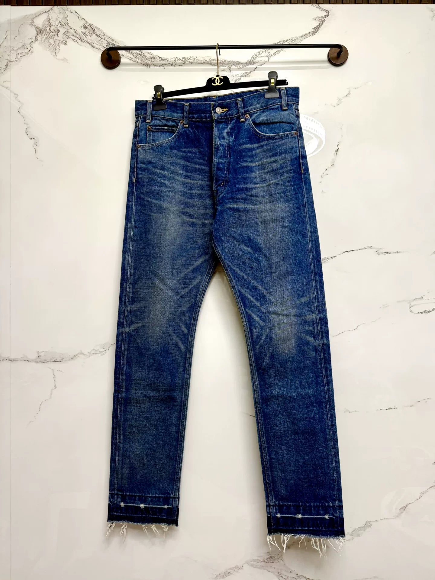 celine dark blue distressed denim pants