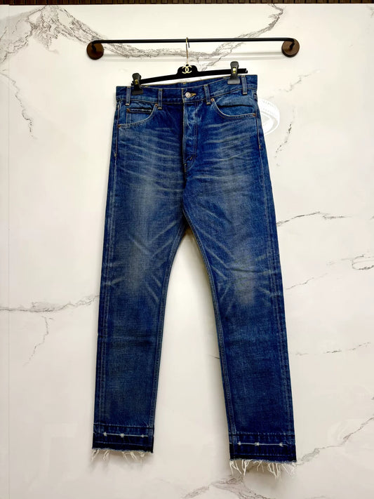 celine dark blue distressed denim pants