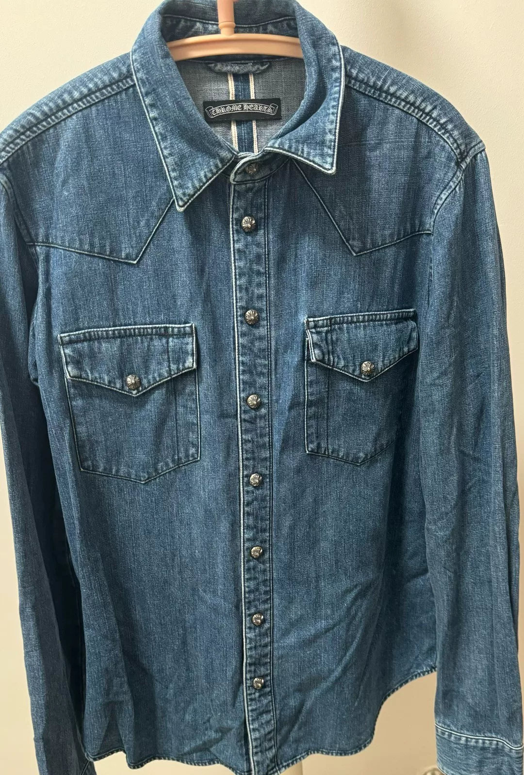 chrome hearts blue denim cross button-up shirt