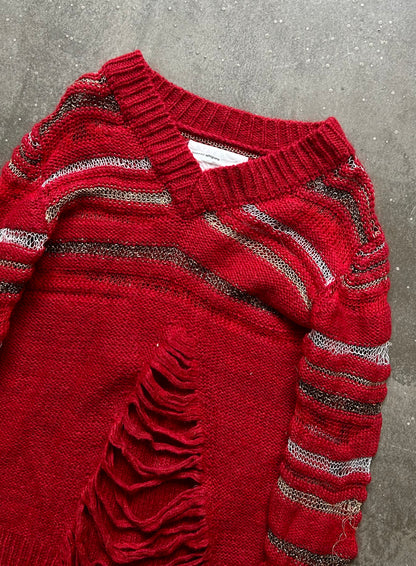 red knit distressed long sleeve sweater