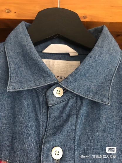 blue patchwork button-up shirt for summer