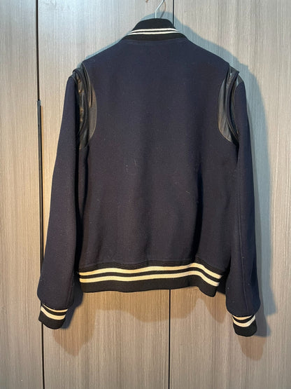 Saint Laurent Navy Leather Sleeves Varsity Jacket