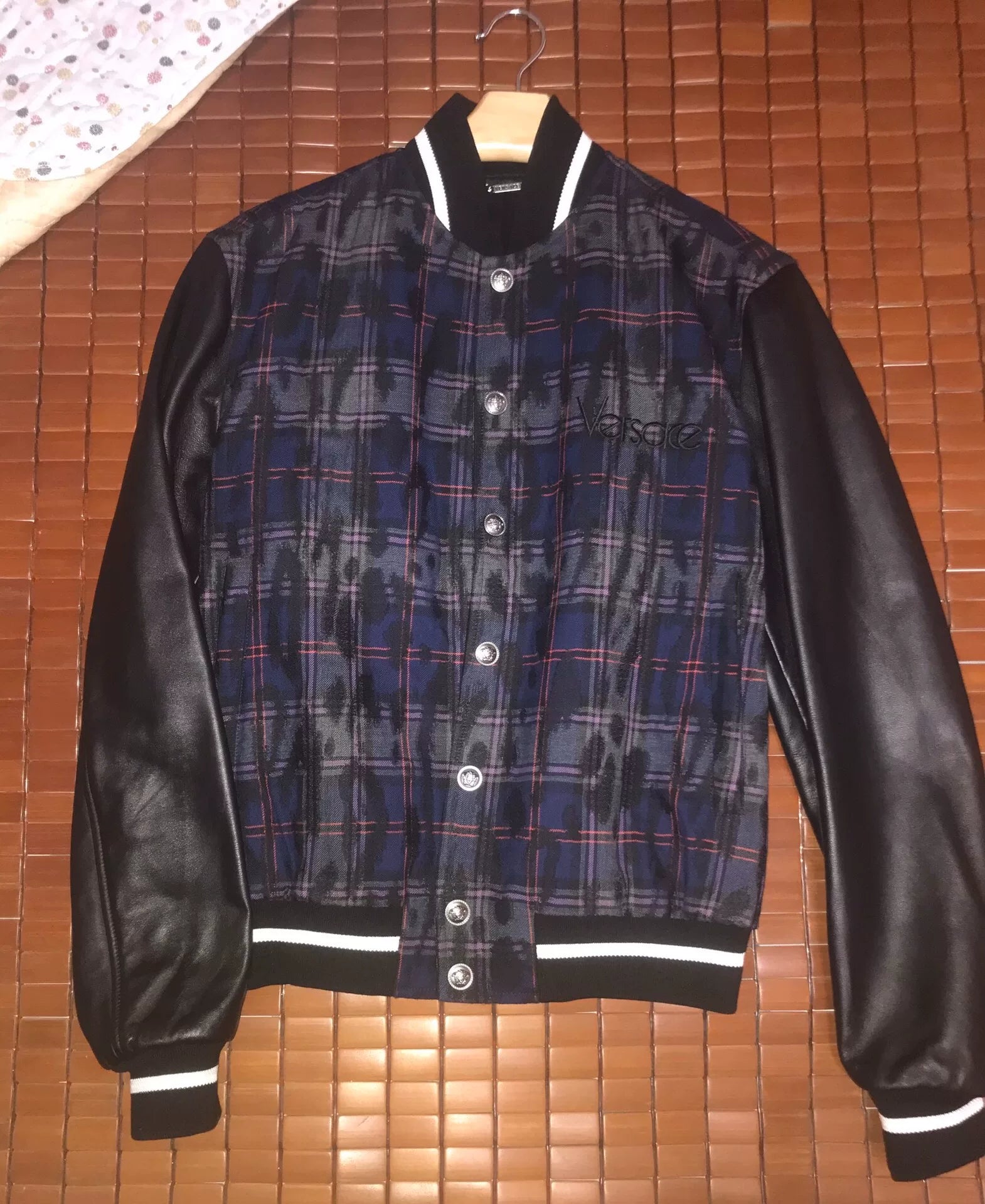 Versace Blue Plaid Leather Sleeve Jacket