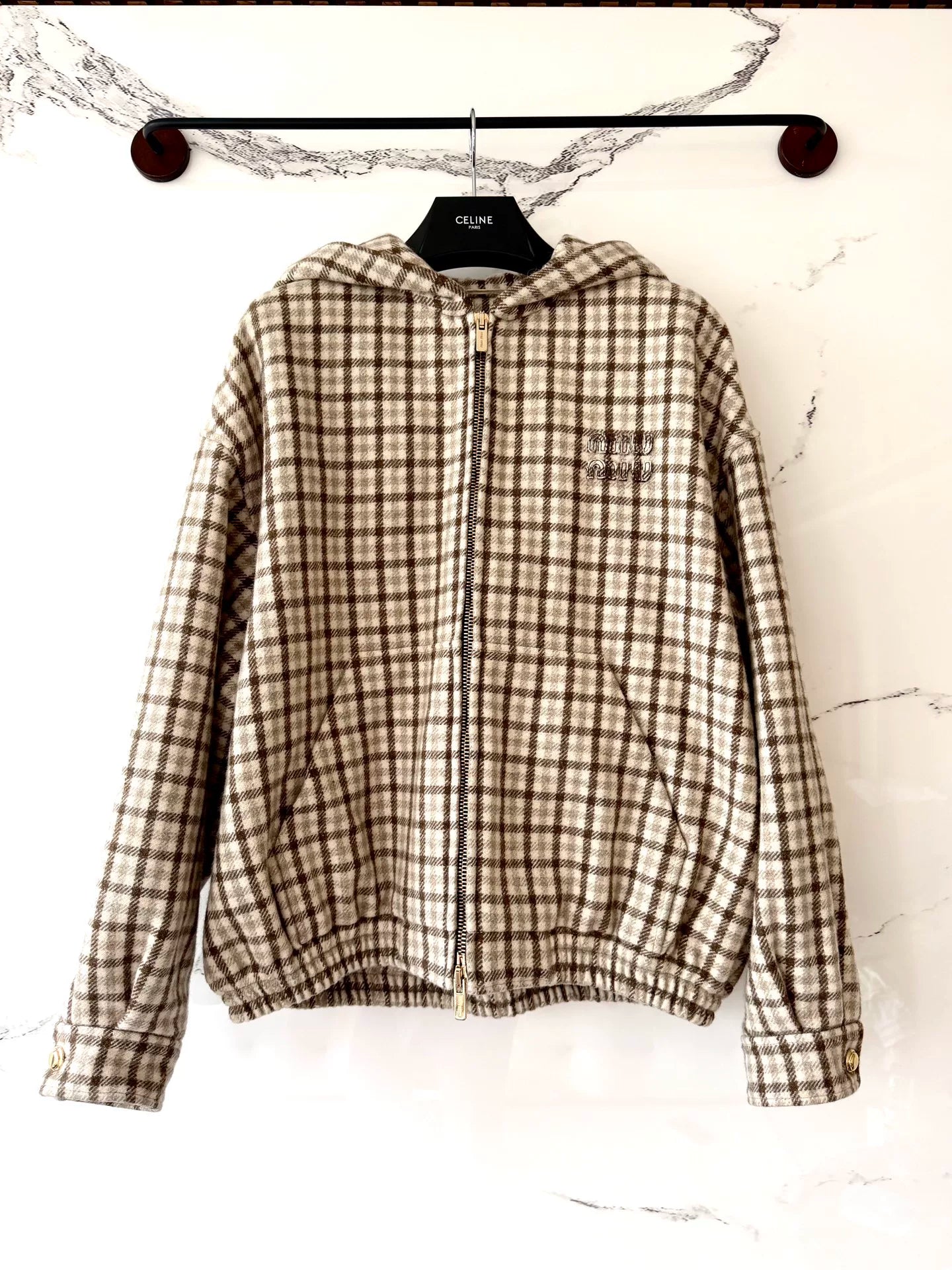 miumiu checked hooded zip-up jacket