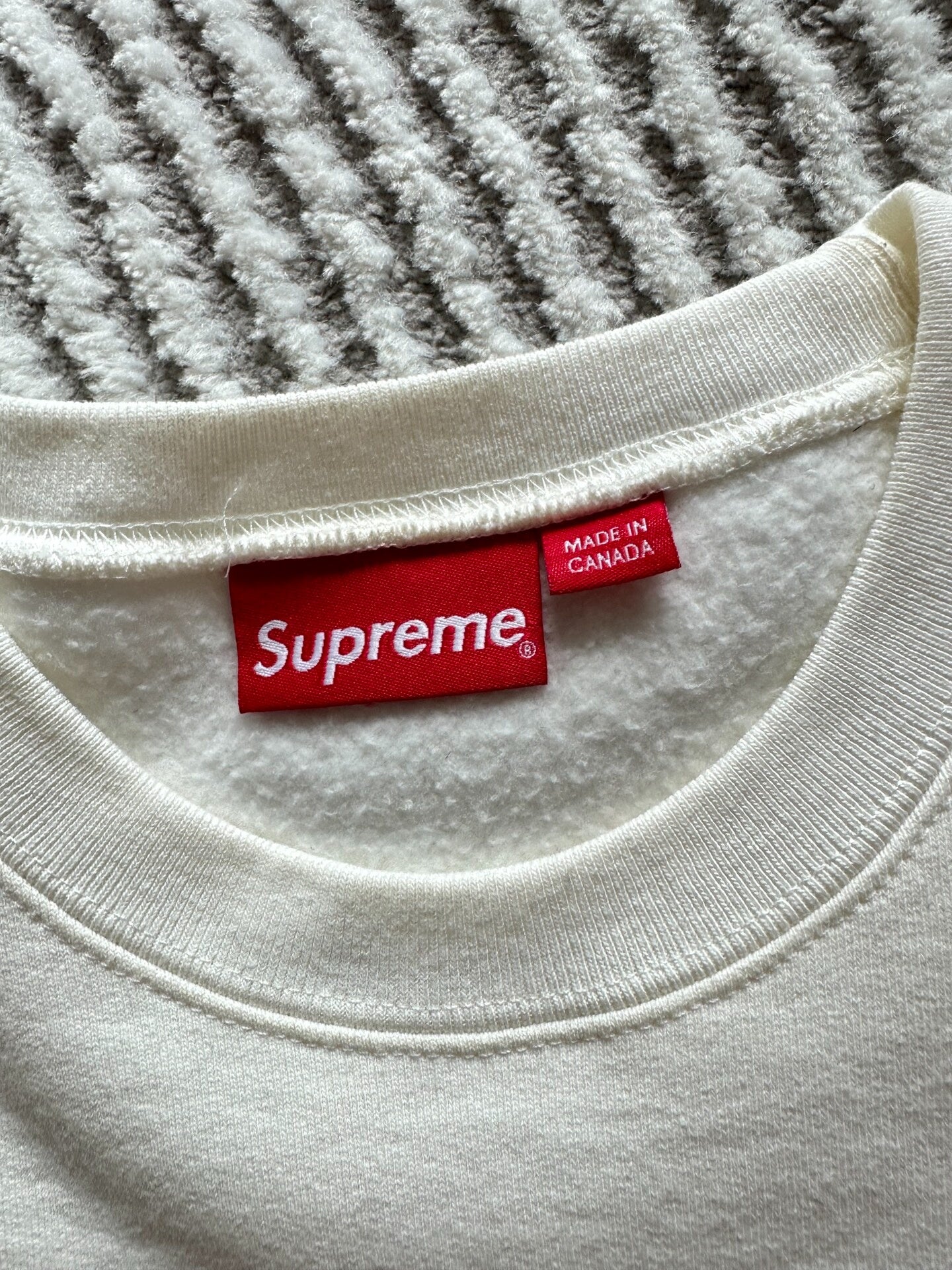 supreme sweatshirt in white with red logo
