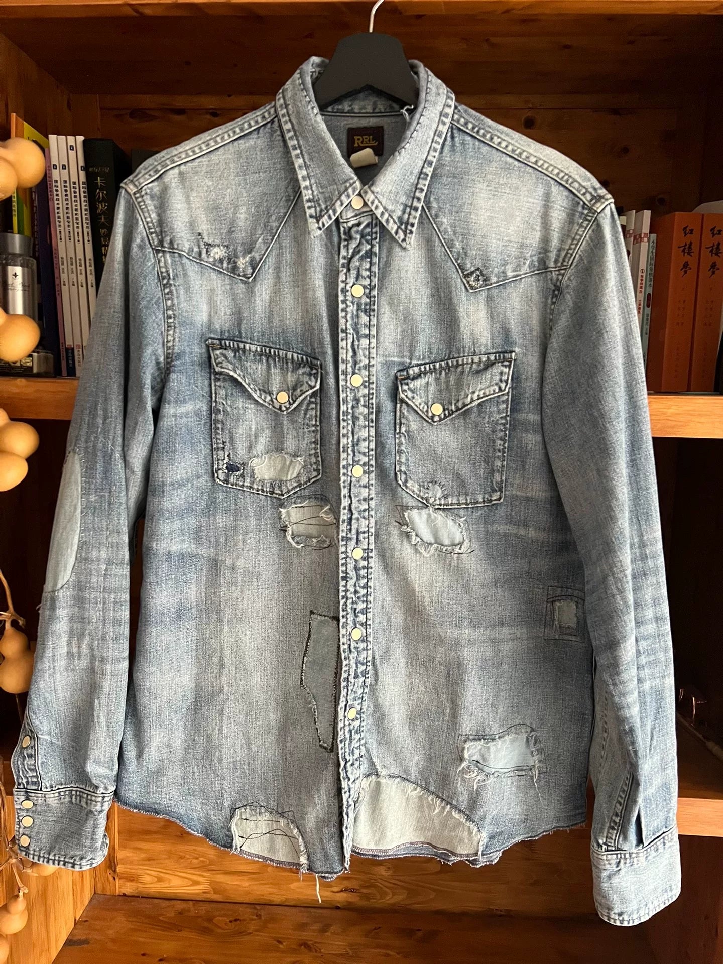 rrl distressed denim long sleeve shirt