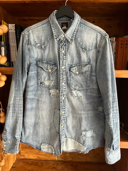 rrl distressed denim long sleeve shirt