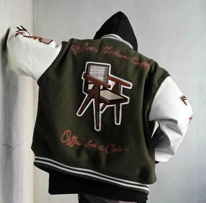 readymade baseball jacket with leather sleeves